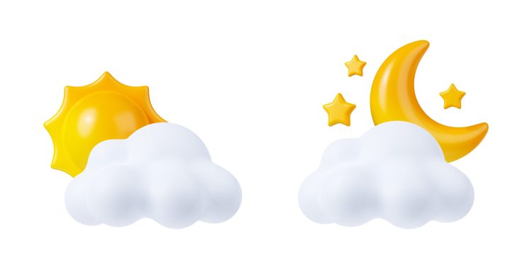 3d render weather icons sun and crescent with stars shining behind of white clouds. Day and night climate forecast elements for app or web design. Cartoon illustration in plastic minimal style